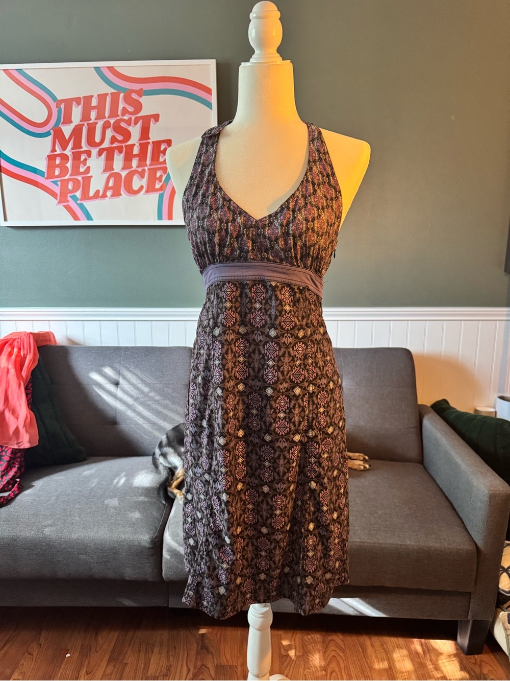 Athleta Purple Patterned Halter Midi Dress with V-Neck